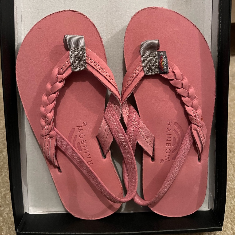 Pink Leather Rainbow Brand Kids Braided Flip-Flops, new, size 9/10
